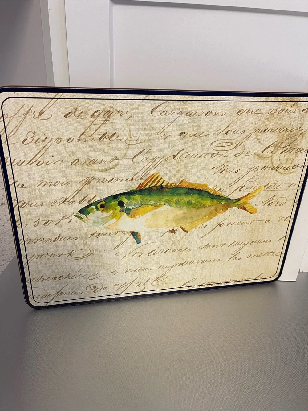 Williams Sonoma La Mer Cork Green Fish  Placemat Theme 16x12 Like New Blue Trim